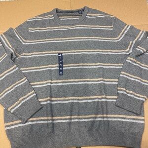 Izod Gray and Tan Striped Crewneck Sweater